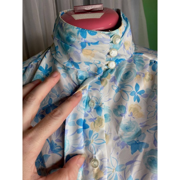 Blouse High neck watercolor floral 1980s blue yellow - Picture 4 of 8